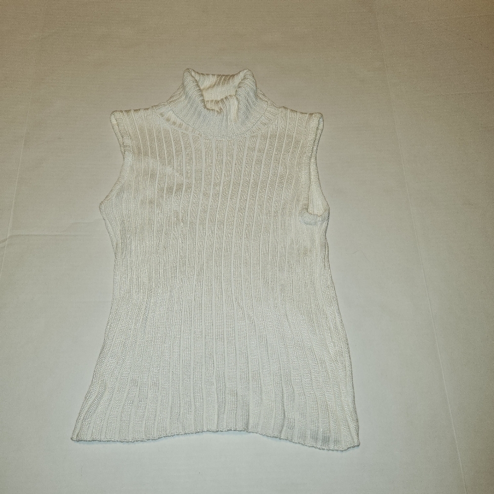 VTG 90s Y2k Rave Cream White Ribbed Cable Knit Turtleneck Knit Top Medium M EUC